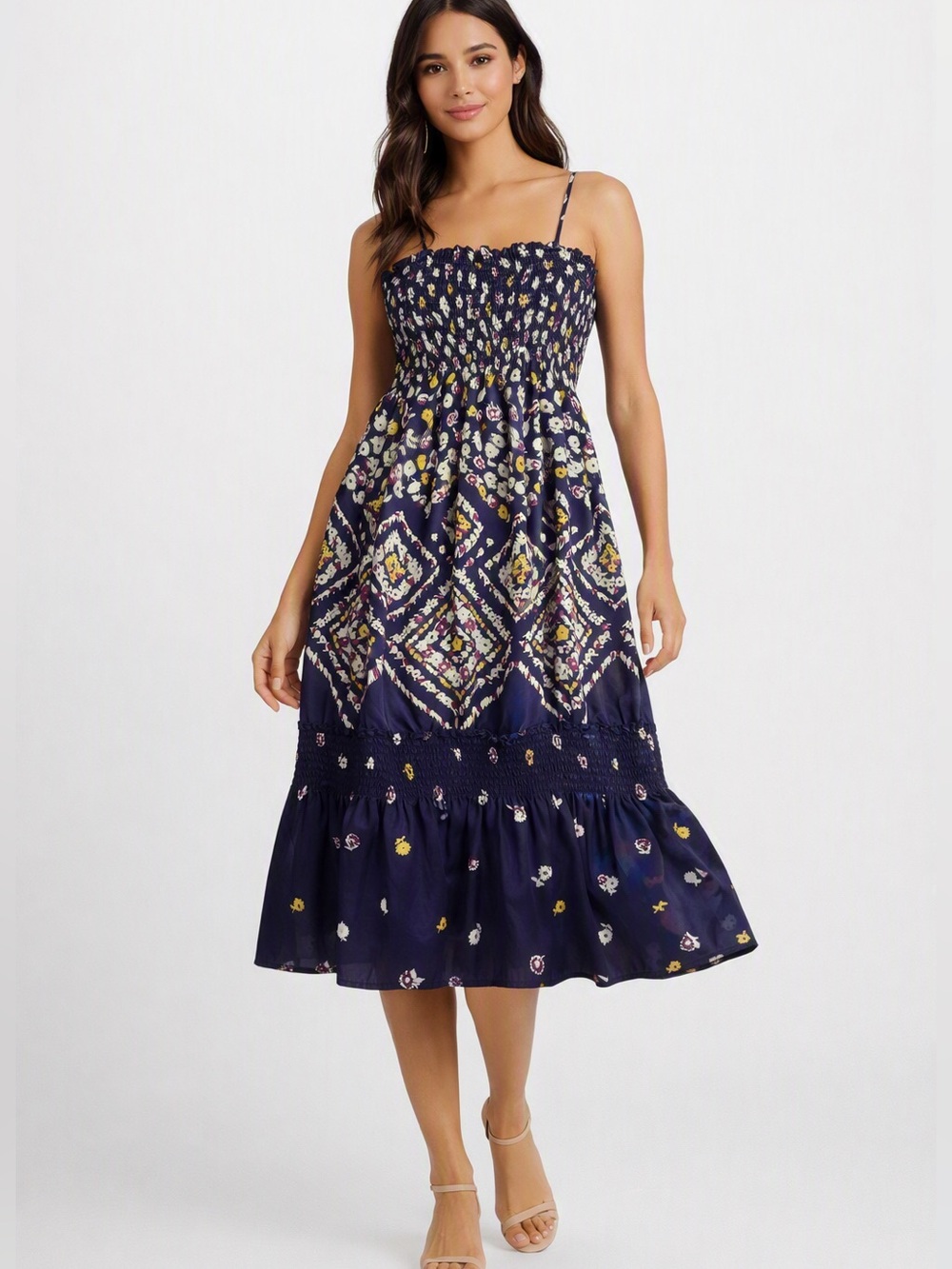 Moda International 100% Silk Smocked Floral Sundress – Navy Boho Midi Small